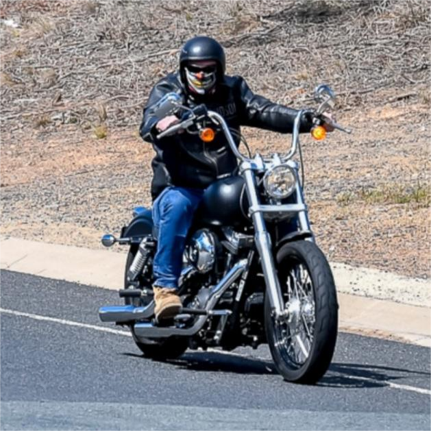 A rider on a Harley Davidson motorbike